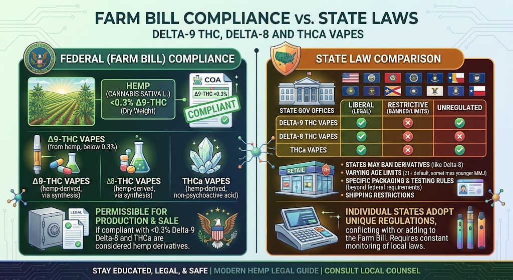 Farm Bill Compliance vs. State Laws: Delta-9 THC, Delta-8, and THCa Vapes